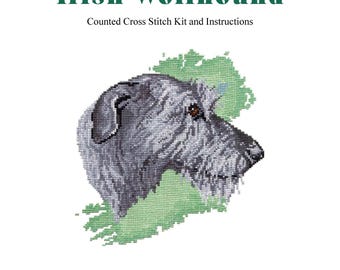 May include: A counted cross stitch kit featuring an Irish Wolfhound. The design shows a detailed, pixelated portrait of the dog's head in shades of gray, with a green background. The text "Irish Wolfhound" is in green, with the Pegasus Originals, Inc. logo.