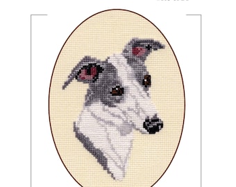 Puede incluir: Un gráfico de punto de cruz con un retrato de perro Whippet dentro de un marco ovalado. El perro está representado en tonos grises y blancos, con detalles rosas en las orejas. El gráfico se titula "Whippet" e incluye el texto "Chart #105-8PDF".