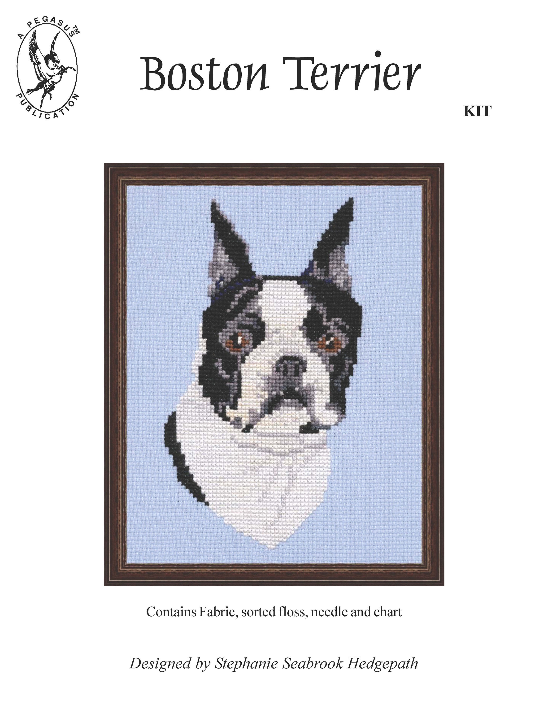 Cross Stitch Boston Terrier kit with chart, sorted floss, fabric and needle