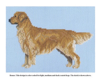 May include: Counted cross stitch chart pattern of a golden retriever dog. The chart is color coded for light, medium, and dark coated dogs. The chart is from Pegasus Originals, Inc. and includes their contact information.
