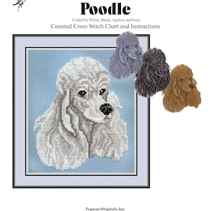 May include: Counted cross stitch chart and instructions for a poodle. The chart is coded for white, black, apricot, and grey. The image shows a white poodle with a blue background.