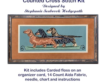 Cross Stitch Dachshund TRIO - kit with chart, 14 count aida fabric, sorted floss, needle