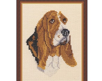 Basset Hound cross stitch kit with chart, fabric, sorted floss and needle