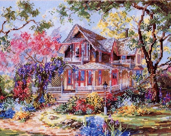May include: A cross-stitch pattern of a charming Victorian house with a wraparound porch, surrounded by lush greenery and blooming flowers. The house is painted in shades of brown and white, with red accents on the windows and doors. The scene is set in a picturesque garden with a variety of flowers and plants, including purple wisteria, pink cherry blossoms, and blue irises.