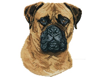 Bullmastiff cross stitch kit with chart, fabric, sorted floss and needle