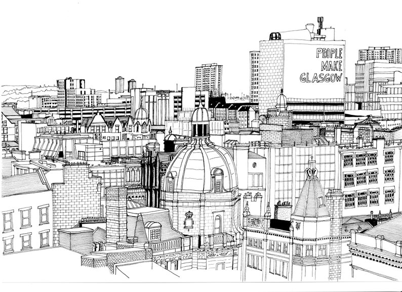 A1 Glasgow Rooftops colour print Etsy