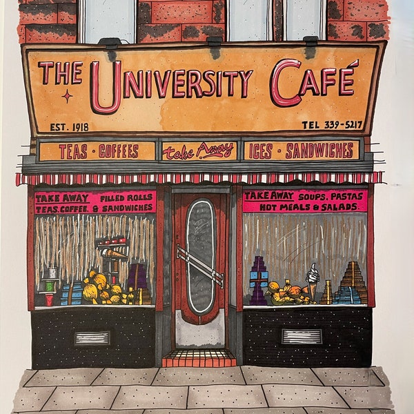 The University Cafe - Glasgow - Impressions signées de l'oeuvre d'art originale dessinée à la main par Steven McClure