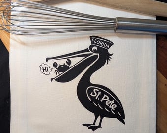 St Pete Tea Towel | Pelican Kitchen Decor | Florida Coastal Humor | St Petersburg FL Gift | Whimsical Beach Towel