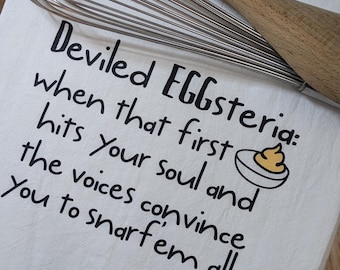 Deviled Eggsteria Funny Tea Towel | Summer Picnic Kitchen Towel | Deviled Egg Lover Gift | Humorous Foodie Kitchen Decor
