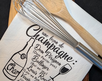 Champagne Pronunciation Tea Towel | Funny Bubbly Lover Gift | Bar Cart Décor | Kitchen Towel for Wine Friends & Francophiles