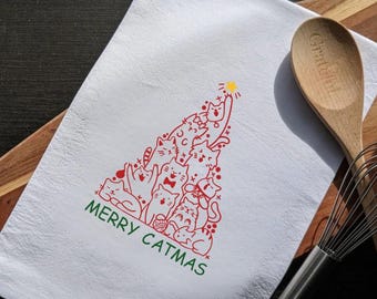 Merry Catmas Tea Towel | Cute Cats Christmas Tree | Funny Cat Lover Gift | Holiday Kitchen Decor