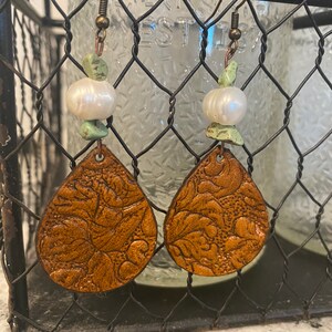 Leather Teardrop Earrings with Turquoise and Fresh Water Pearls