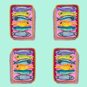 May include: A repeating pattern of four rectangular tins, each containing five stacked fish in shades of purple, yellow, blue, orange, and teal. The tins have a pink interior and a brown border, set against a solid light mint green background.