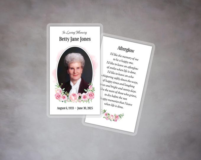 Laminated Funeral Memorial Prayer Cards with Oval Photo and Pink Flowers - Printed and Shipped