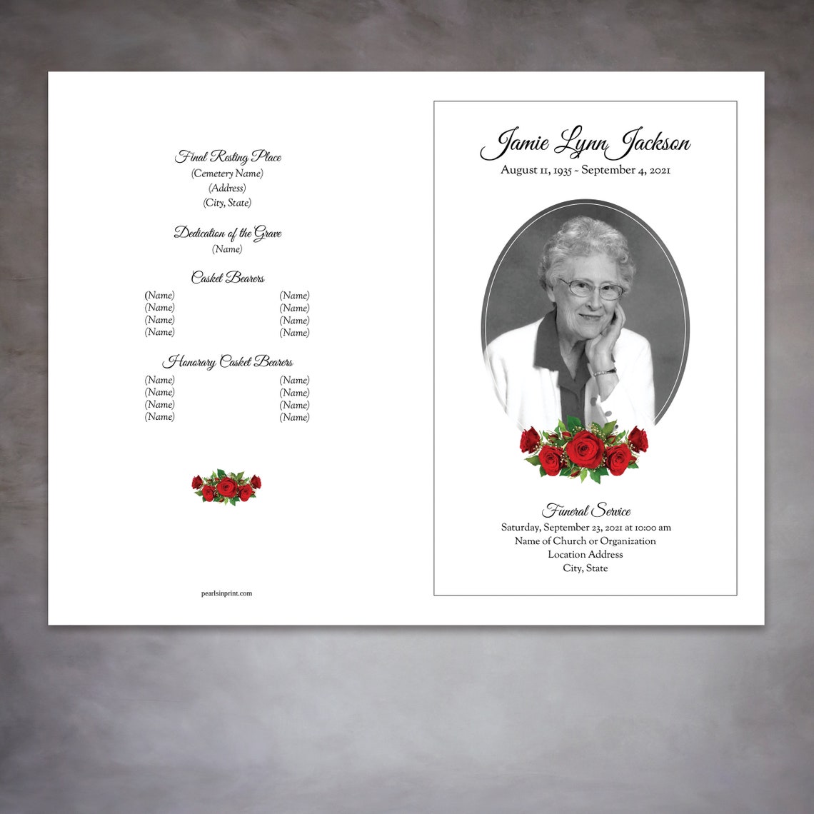 Women's Red Rose Funeral Program Template Google Docs - Etsy
