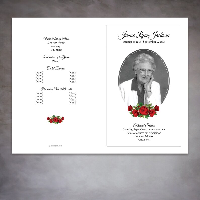 Women's Red Rose Funeral Program Template Google Docs - Etsy