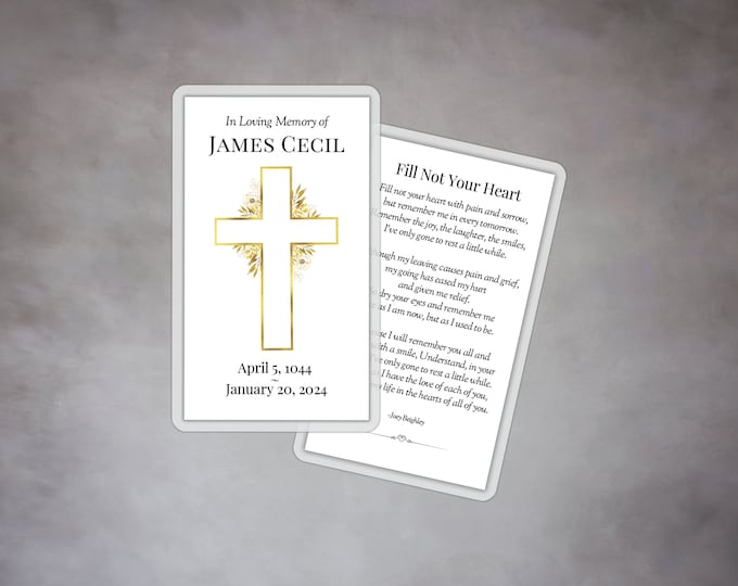 Laminated Funeral Memorial Prayer Cards with an Elegant Gold Cross - Printed and Shipped