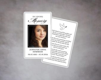 May include: A white and gray memorial card with a dove and olive branch. The card features a black and white photo of a young woman and the text "In Loving Memory Jennifer Anne Sommers 09.07.1992 - 07.16.2024".