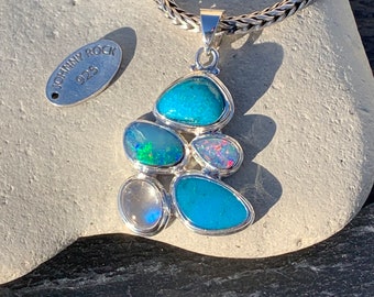 Türkis, Opal Doubletten und Regenbogen Mondstein Anhänger, handgemacht in 925 Sterling Silber
