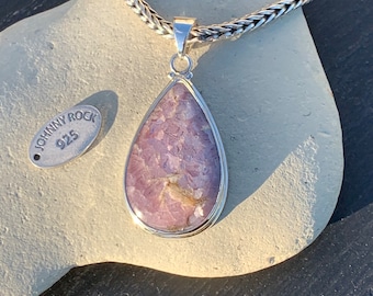 Colgante de lágrima de lepidolita brillante, hecho a mano en plata de ley 925, joyería de lepidolita