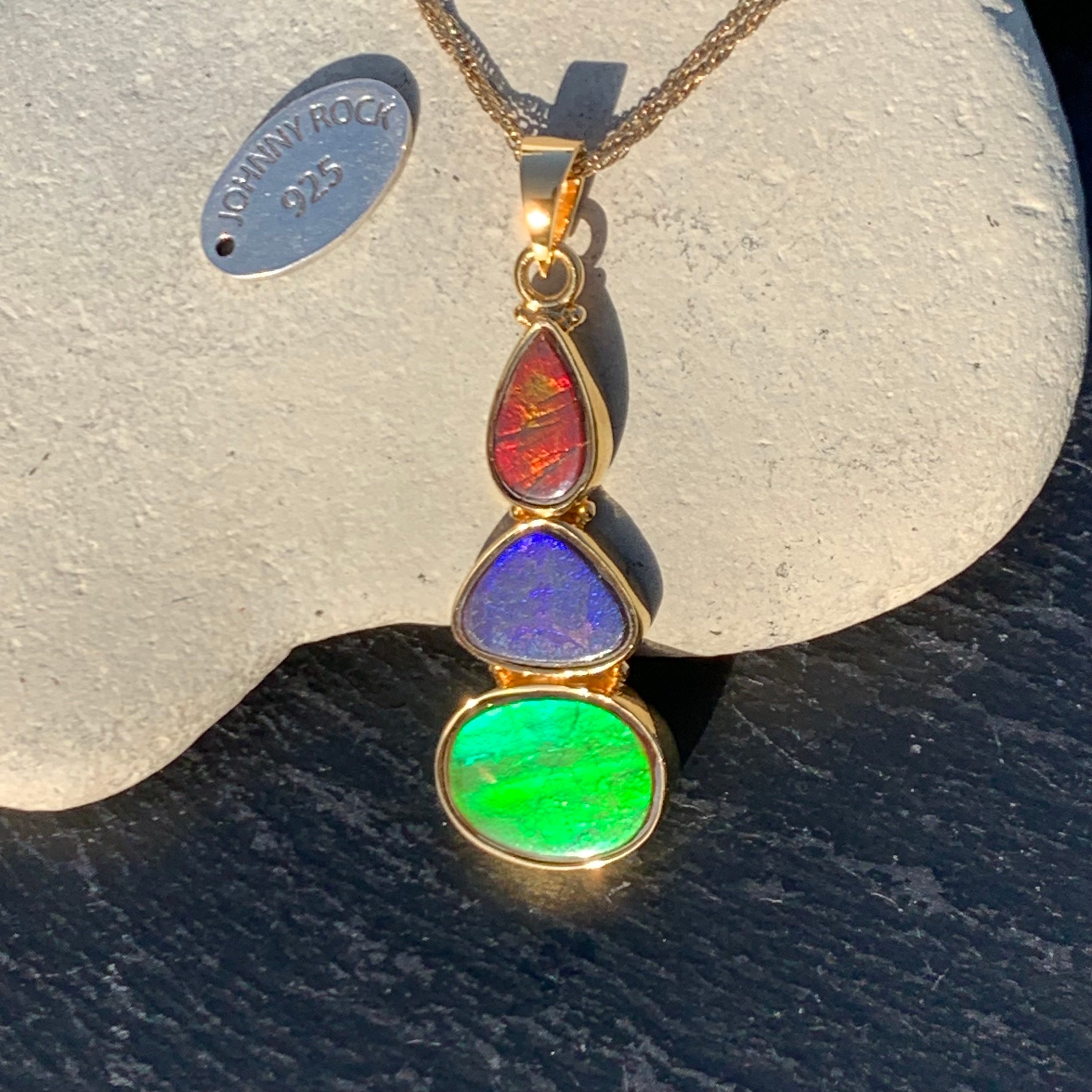 Pendentif Argent 925 Et Or 24K - Avec Une Grande Ammolite Et Une Opale Boulder, Neuf