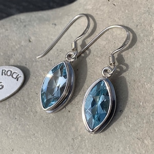 Blue Topaz Earrings, Marquise Cut Blue Topaz Drop Earrings, Handmade in 925 Sterling Silver, Blue Topaz Jewellery, Blue Topaz Gift!