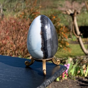 Puede incluir: Un huevo de ágata blanco y negro sobre un soporte de metal dorado. El huevo tiene una superficie lisa y pulida y un patrón único de rayas blancas y negras.