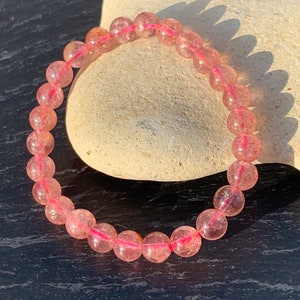 Strawberry Quartz Bracelet, 7mm Round Bead Bracelet, Handmade Beaded Gemstone Bracelet