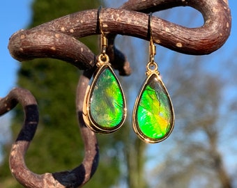 Amazing Ammolite Tear Droplet Earrings, Handmade with 18ct Gold-on-925 Silver