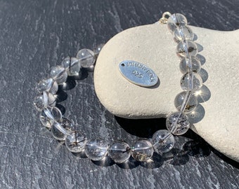 Black Tourmaline in Quartz Bead Bracelet with 925 Sterling Silver Clasp