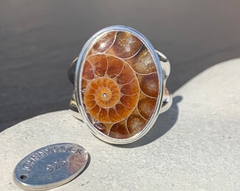 Madagascan Ammonite Fossil Ring, Handmade in 925 Sterling Silver, Ammonite Jewellery, Adjustable Band