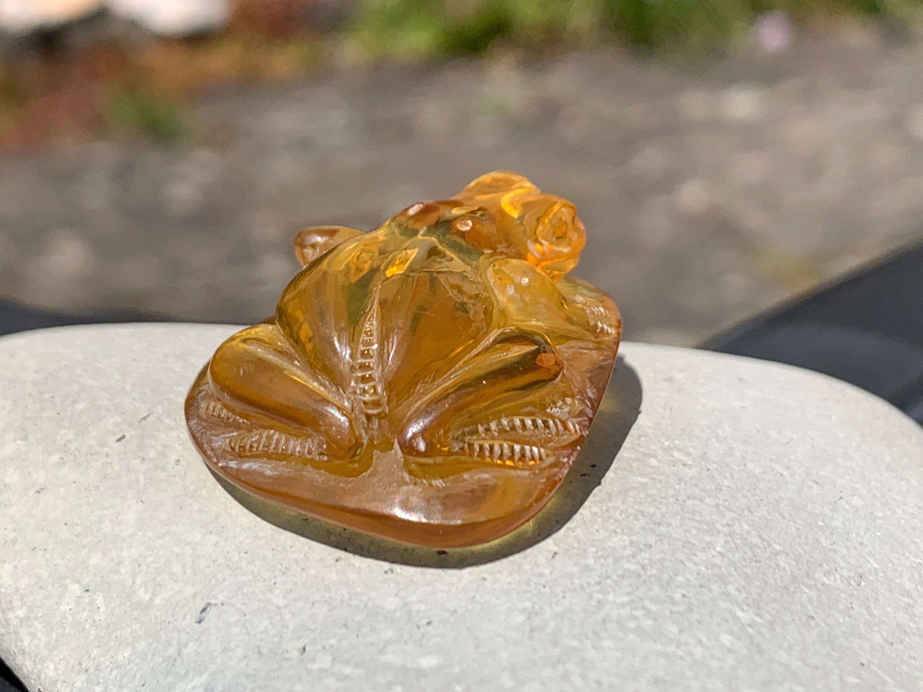 天然の透明な琥珀のカエルの置物、手彫り、研磨された化石化した木の