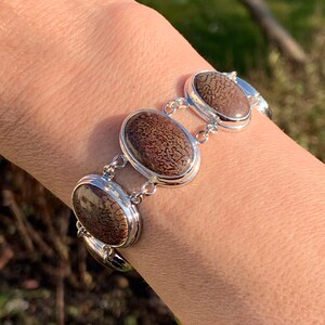 Fossil Dinosaur Bone Bracelet, Oval Cabochon Bracelet, Handmade in 925 Sterling Silver, USA Fossil Bracelet, Fossil Gemstone Jewellery