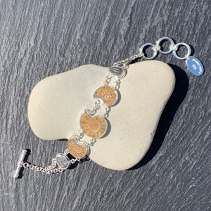 May include: A silver chain bracelet with four fossilized ammonite stones. The bracelet has a toggle clasp and a silver tag with the text "Johnny Rocks 925".