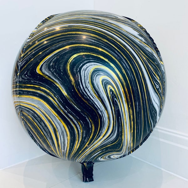 22" Black and Gold Marble Orb Balloon