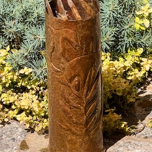 French WWI Trench Art Vase — 75mm Rennes Arsenal 1916, Bold Floral Relief, Cut Flame Crown, 10"