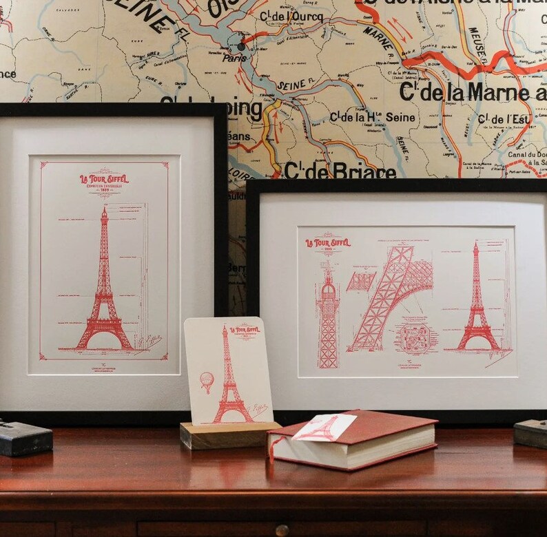 French Art Print Original Blueprint of the Eiffel Tower, Vertical/Full Handmade in Paris image 3