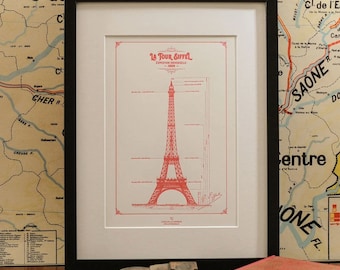 French Art Print Original Blueprint of the Eiffel Tower, Vertical/Full - Handmade in Paris