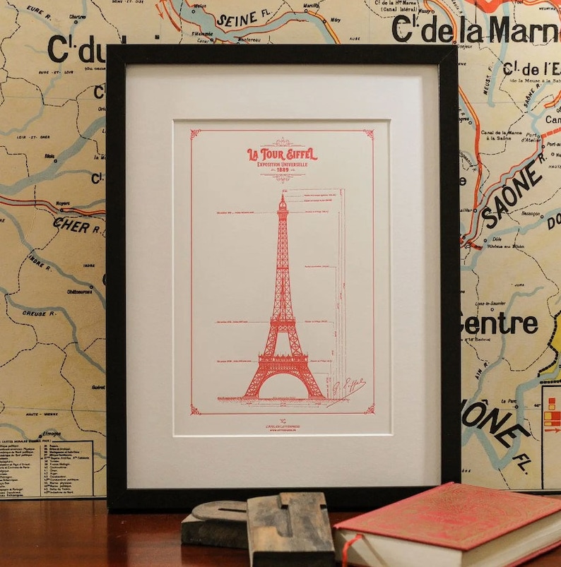 French Art Print Original Blueprint of the Eiffel Tower, Vertical/Full Handmade in Paris image 1