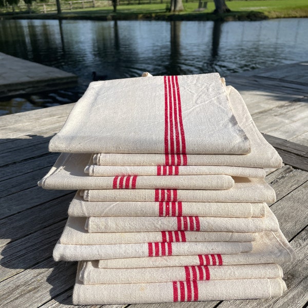 French Vintage Red-Striped Linen Kitchen Towels, c.1920s, Quaduple/Four Stripe