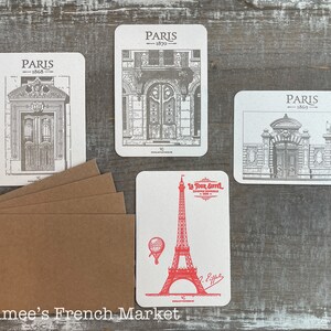 Ensemble de 4 cartes de correspondance sur l'Architecture française de Paris avec gravures vintage, faites main à Paris