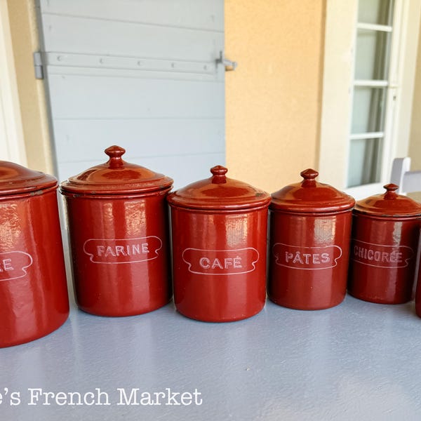 French Antique Blue Enamelware Canister Set | La Maison de Belasyse