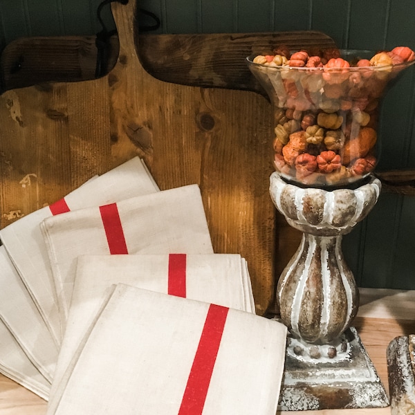 French Vintage Red-Striped Linen Kitchen Towels, c.1920s, Single/One Stripe