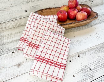 French Vintage Linen/Cotton Kitchen Towel, Red Stipes. c. 1950s