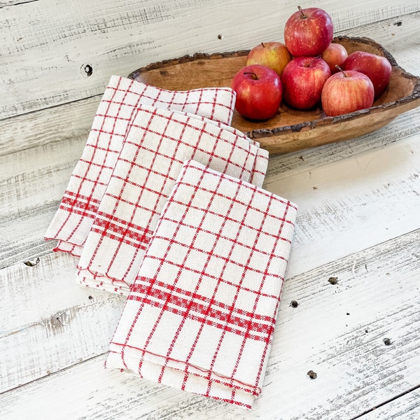 French Vintage Linen/Cotton Kitchen Towel, Red Stipes. c. 1950s