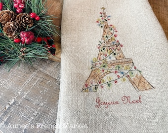 Linen Christmas Kitchen Towel - Eiffel Tower with "Joyeux Noel"