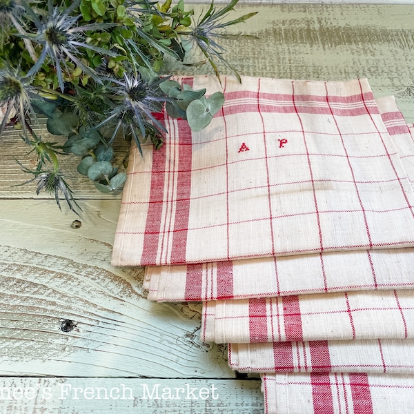 French Vintage Red-Striped Linen Kitchen Towels, c.1940s, some monogrammed A.P.