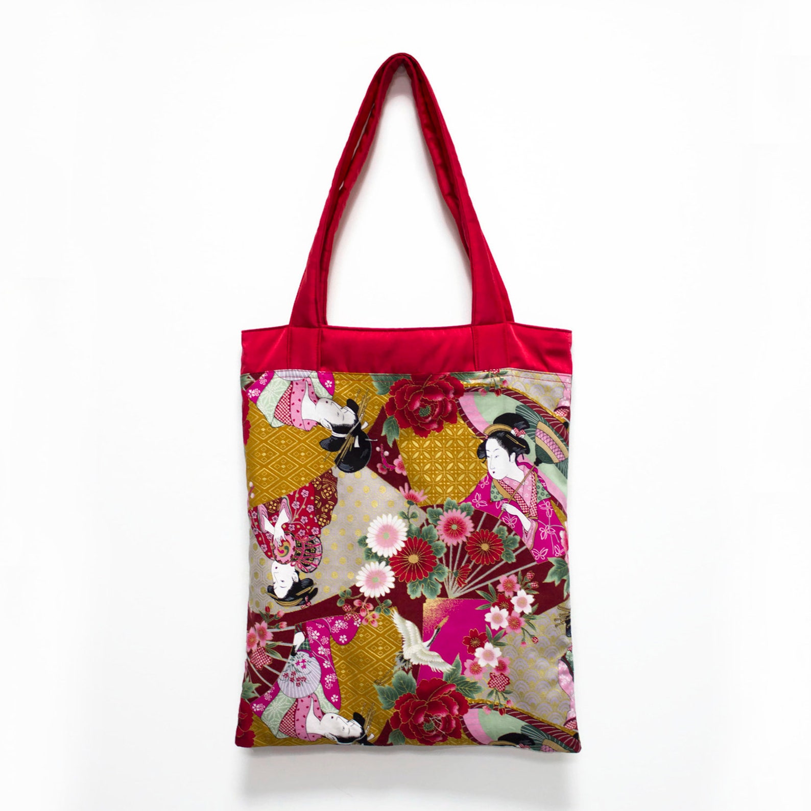 Japanese Tote bag tradicional floral print in red Etsy