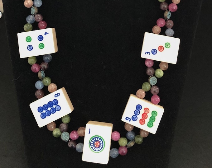 Bamboo and bone dot mahjong tiles with agate and Chinese metal bead necklace
