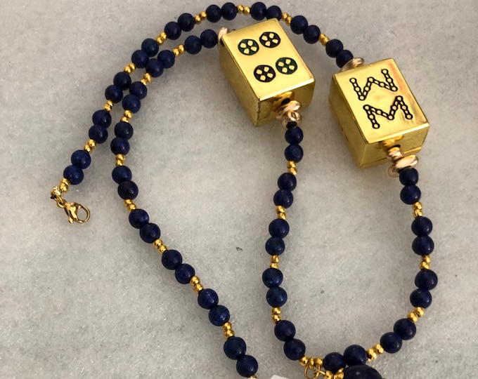 Lapis lazuli necklace with golden mahjong tiles
